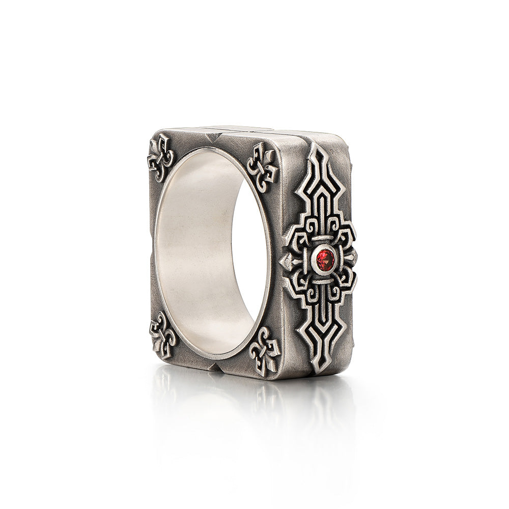 Square Emblem Silver Band | 925 Sterling, studded with Original Ruby