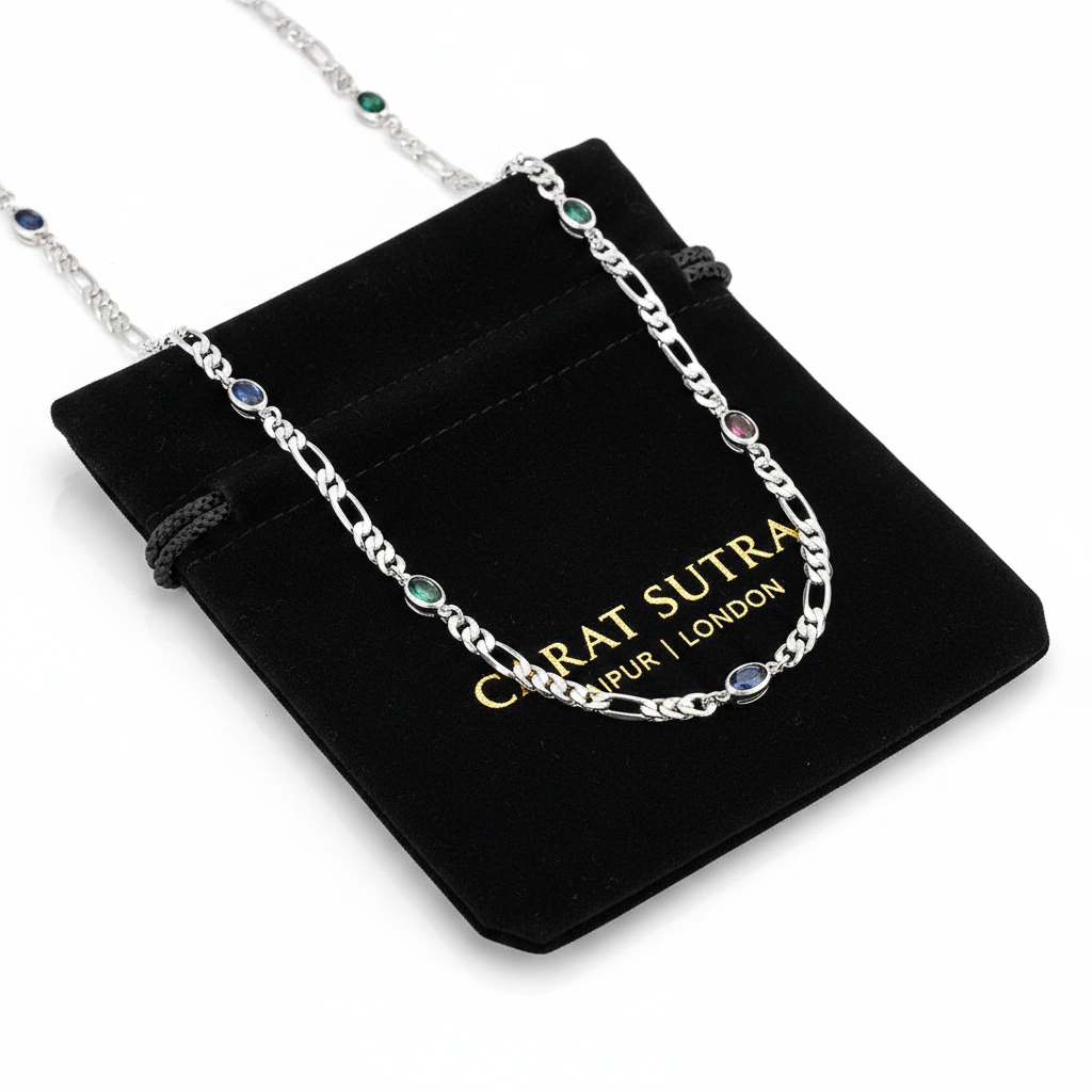 Natural Navratna 6mm Wide Solid Figaro-Cuban Link Chain |925 Sterling Silver Chain | With Certificate of Authenticity and 925 Hallmark - caratsutra