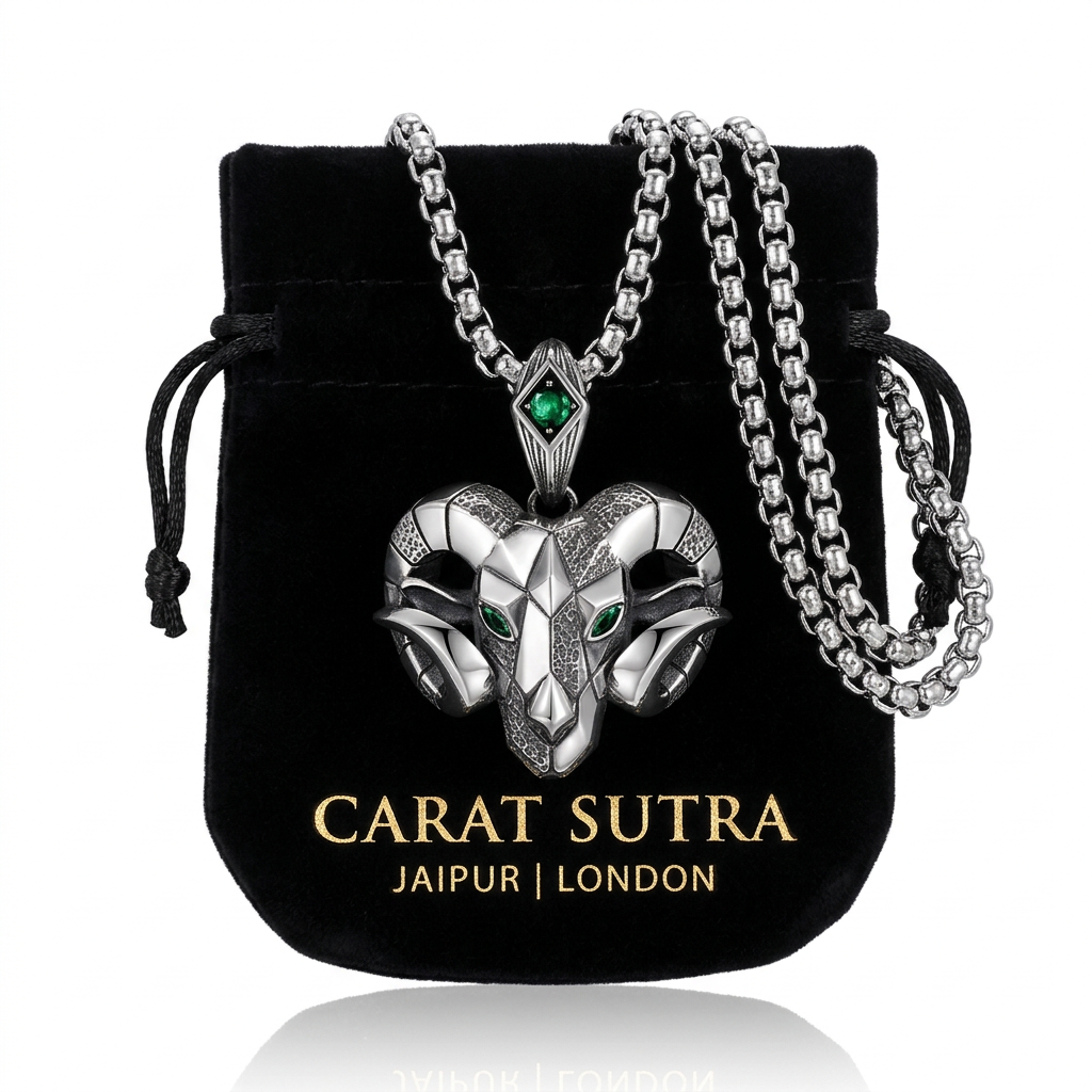 RARE PRINCE by CARAT SUTRA | Unique Designed Horned Ram Pendant for Aries Zodiac for Men | 925 Sterling Silver Oxidized Pendant with Hallmark - caratsutra
