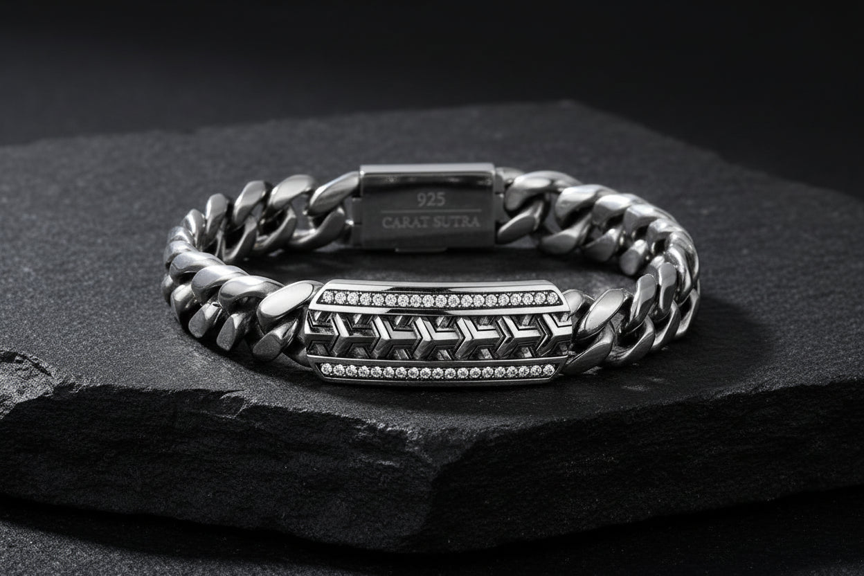14mm Wide Solid Cuban - Armor Bracelet Studded with Swarovski Diamond | 925 Sterling Silver