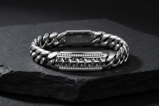 14mm Wide Solid Cuban - Armor Bracelet Studded with Swarovski Diamond | 925 Sterling Silver