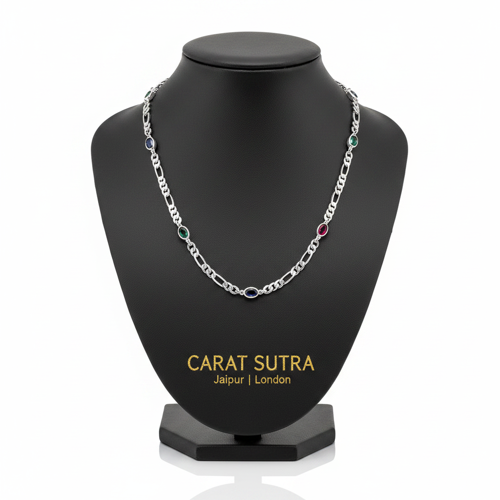 Natural Navratna 6mm Wide Solid Figaro-Cuban Link Chain |925 Sterling Silver Chain | With Certificate of Authenticity and 925 Hallmark - caratsutra