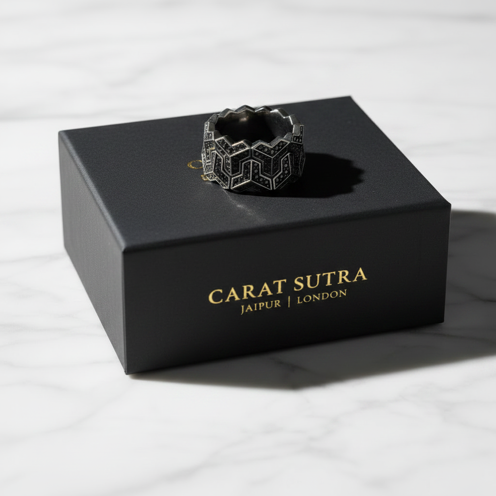 Black Rhodium coated, Armour Silver Band | 925 Sterling Silver Ring, studded with Black Swarovski stones