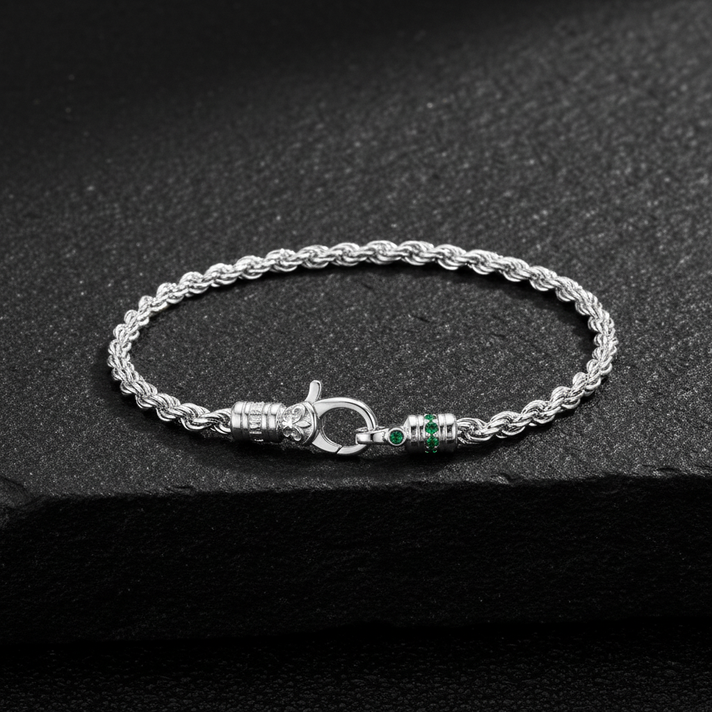 3.5mm IRIS Rope Bracelet | 925 Sterling Silver Bracelet, studded with Real mini Emeralds | With Certificate of Authenticity and 925 Hallmark