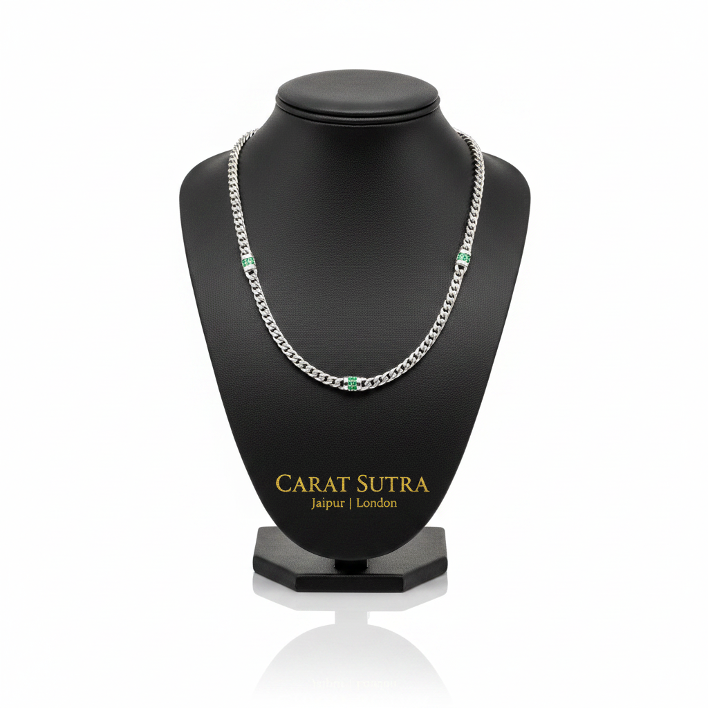 RARE PRINCE by CARAT SUTRA | Minimalist Solid 4mm Cuban Link Chain studded with Natural Emeralds | 925 Sterling Silver Chain | With Certificate of Authenticity and 925 Hallmark