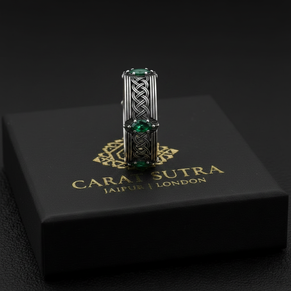 Vintage Celtic Knot Band studded with 4 Marquise Shaped Natural Emerald, Oxidized Sterling Silver 925 Ring