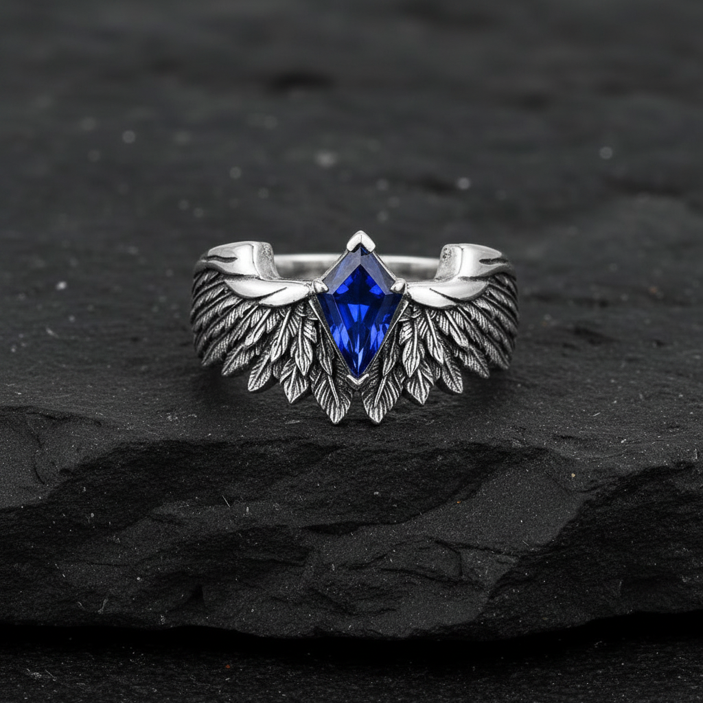 RARE PRINCE by CARAT SUTRA | Exclusive Adjustable Feather Band studded with Natural Blue Sapphire, Oxidized Sterling Silver 925 Ring | With Certificate of Authenticity and 925 Hallmark