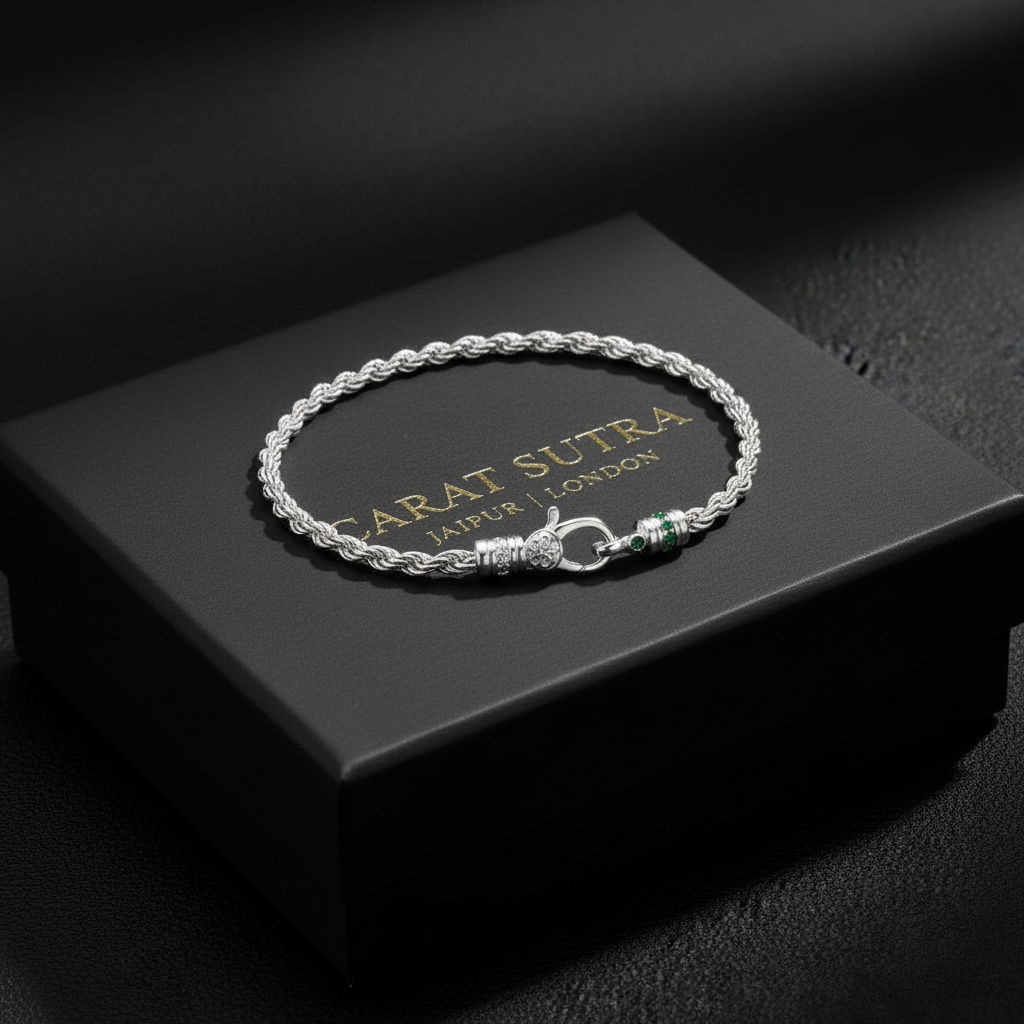 3.5mm IRIS Rope Bracelet | 925 Sterling Silver Bracelet, studded with Real mini Emeralds | With Certificate of Authenticity and 925 Hallmark