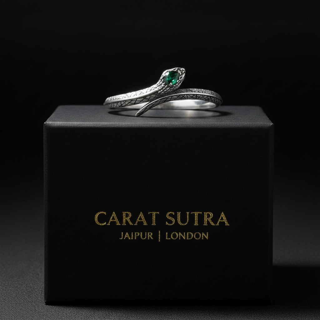 Adjustable 3D Snake Bangle Bracelet with Natural Emerald Stone Eyes | 925 Sterling Silver