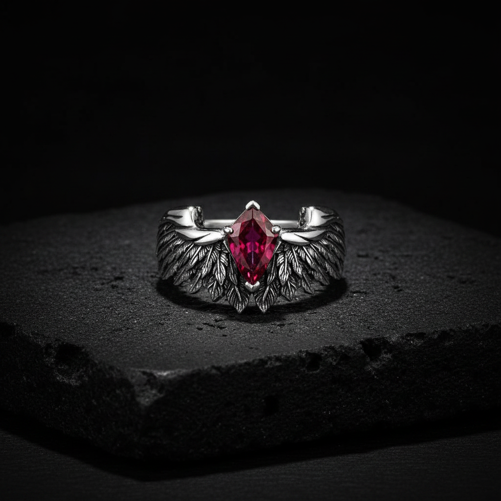 RARE PRINCE by CARAT SUTRA | Exclusive Feather Band studded with Natural Ruby, Oxidized Sterling Silver 925 Ring | With Certificate of Authenticity and 925 Hallmark (Copy)