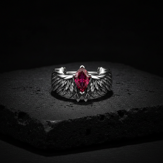 RARE PRINCE by CARAT SUTRA | Exclusive Feather Band studded with Natural Ruby, Oxidized Sterling Silver 925 Ring | With Certificate of Authenticity and 925 Hallmark (Copy)