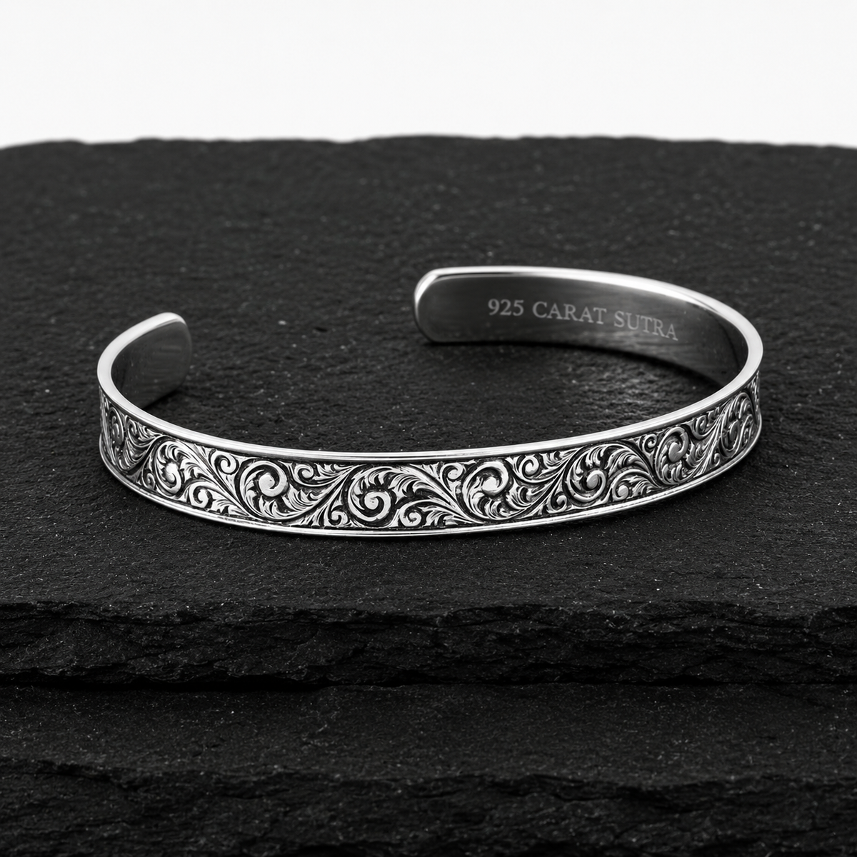 10mm wide adjustable Hand-Engraved Handcuff / Kada Ring, Oxidized Sterling Silver 925 Ring |With Certificate of Authenticity and 925 Hallmark - caratsutra