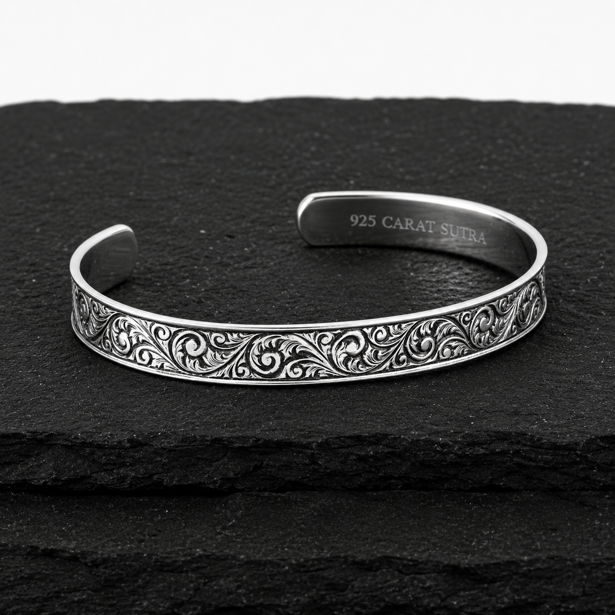 10mm wide adjustable Hand-Engraved Handcuff / Kada Ring, Oxidized Sterling Silver 925 Ring |With Certificate of Authenticity and 925 Hallmark - caratsutra