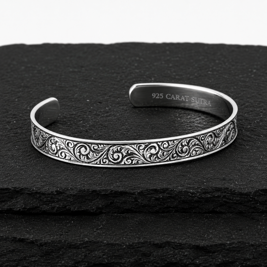 10mm wide adjustable Hand-Engraved Handcuff / Kada Ring, Oxidized Sterling Silver 925 Ring |With Certificate of Authenticity and 925 Hallmark - caratsutra