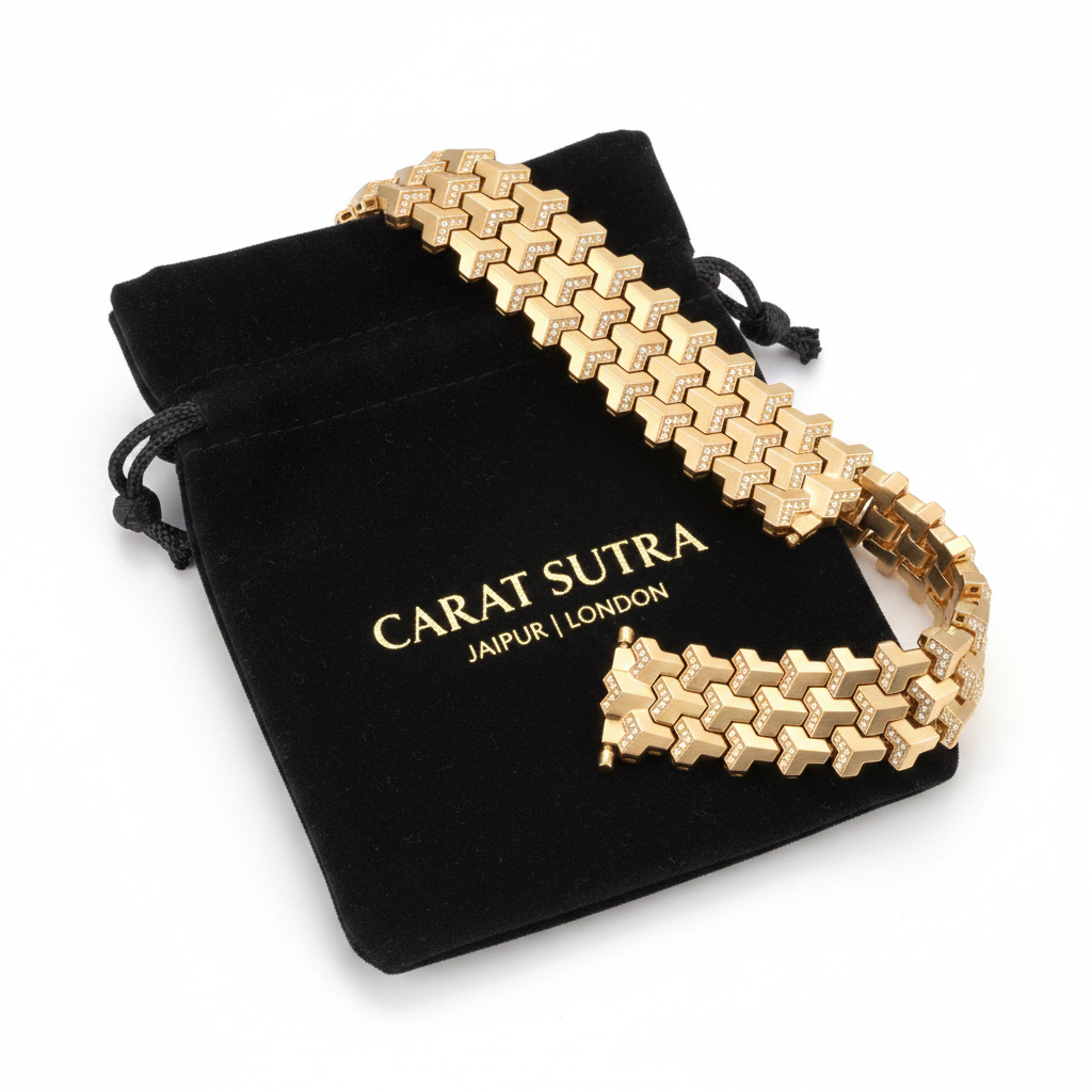22k Gold Plated, 3 Row, 18mm Wide Solid Armor Bracelet Studded with/without Swarovski Diamond | 999 Sterling Silver