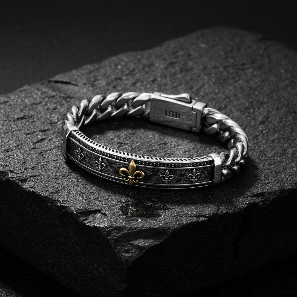 14mm wide, Unique Fleur-De-Lis Cuban Link Bracelet for Men | Oxidized 925 Silver Bracelet