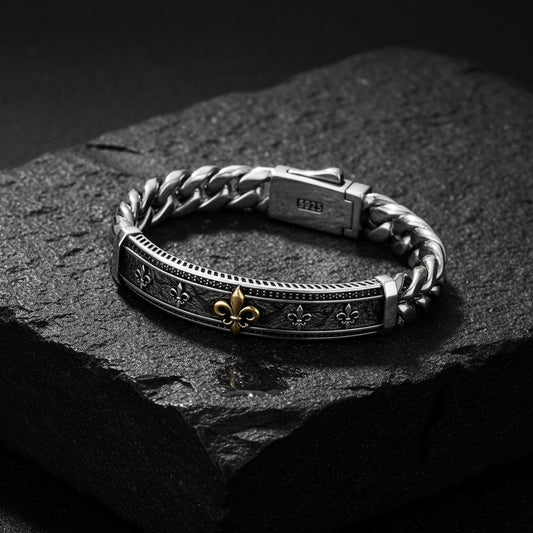 14mm wide, Unique Fleur-De-Lis Cuban Link Bracelet for Men | Oxidized 925 Silver Bracelet