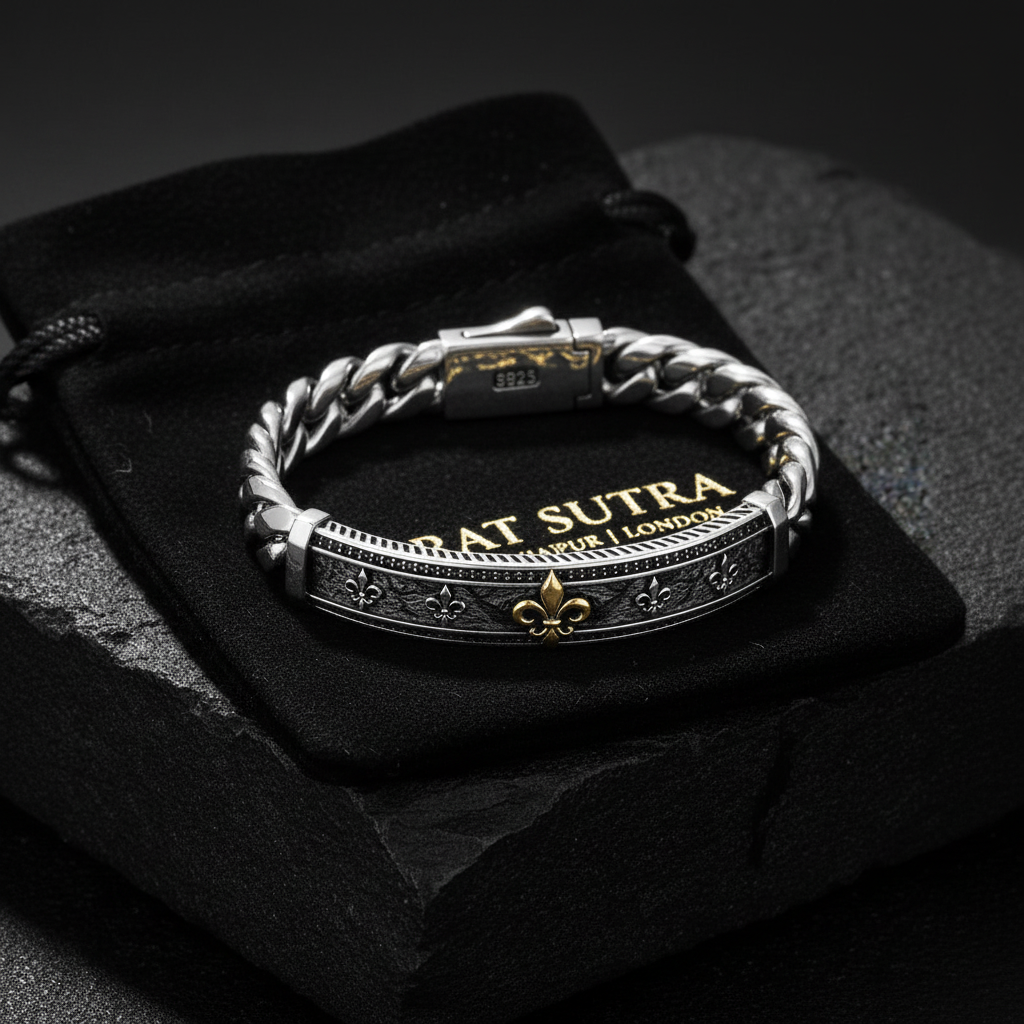 14mm wide, Unique Fleur-De-Lis Cuban Link Bracelet for Men | Oxidized 925 Silver Bracelet
