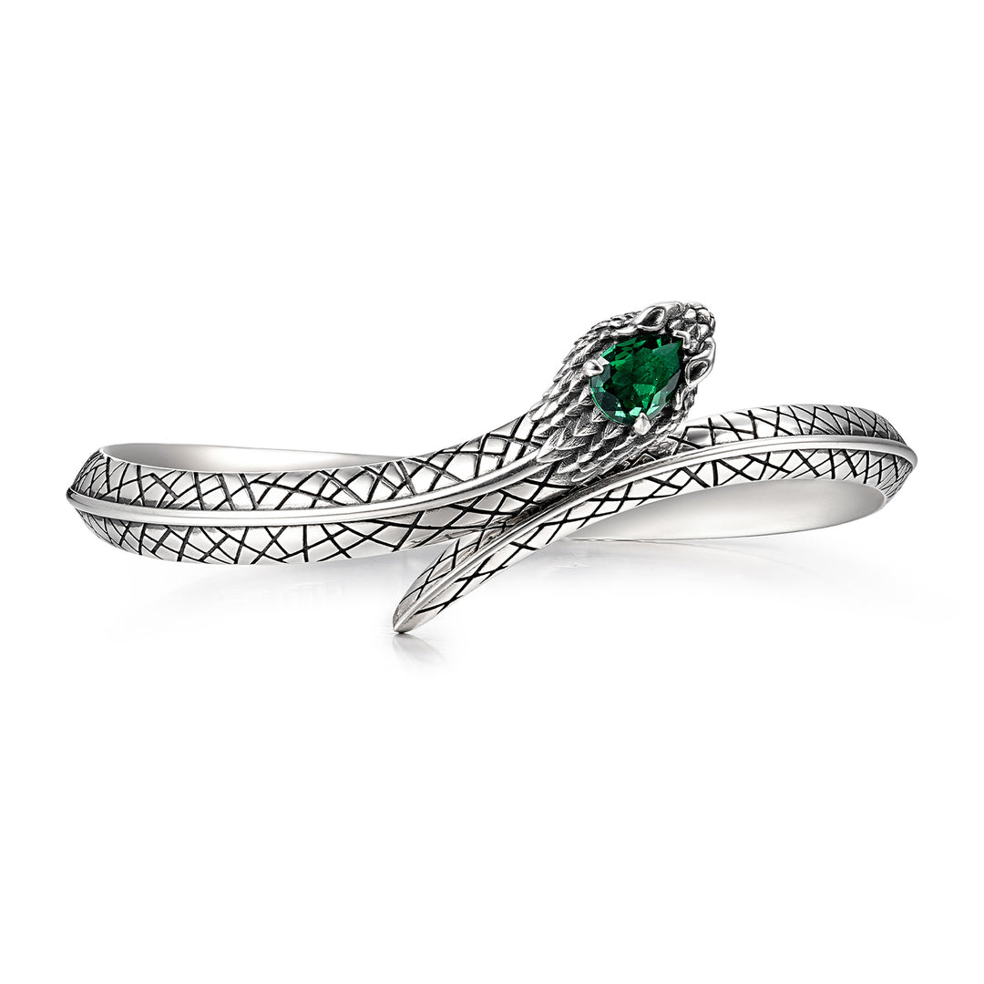 Adjustable 3D Snake Bangle Bracelet with Natural Emerald Stone Eyes | 925 Sterling Silver