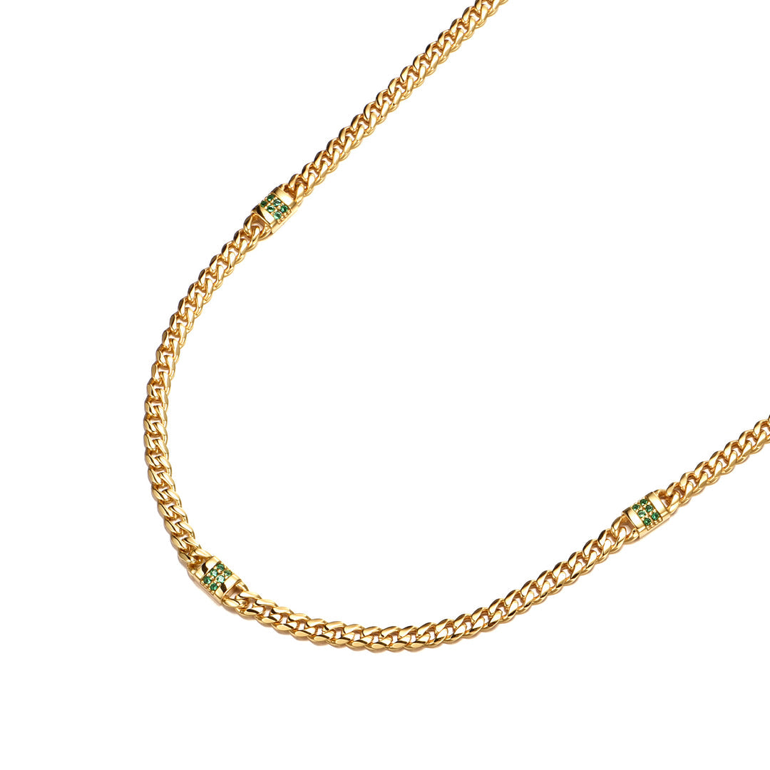 RARE PRINCE by CARAT SUTRA | Minimalist Solid 4mm Cuban Link Chain studded with Natural Emeralds | 925 Sterling Silver Chain | With Certificate of Authenticity and 925 Hallmark