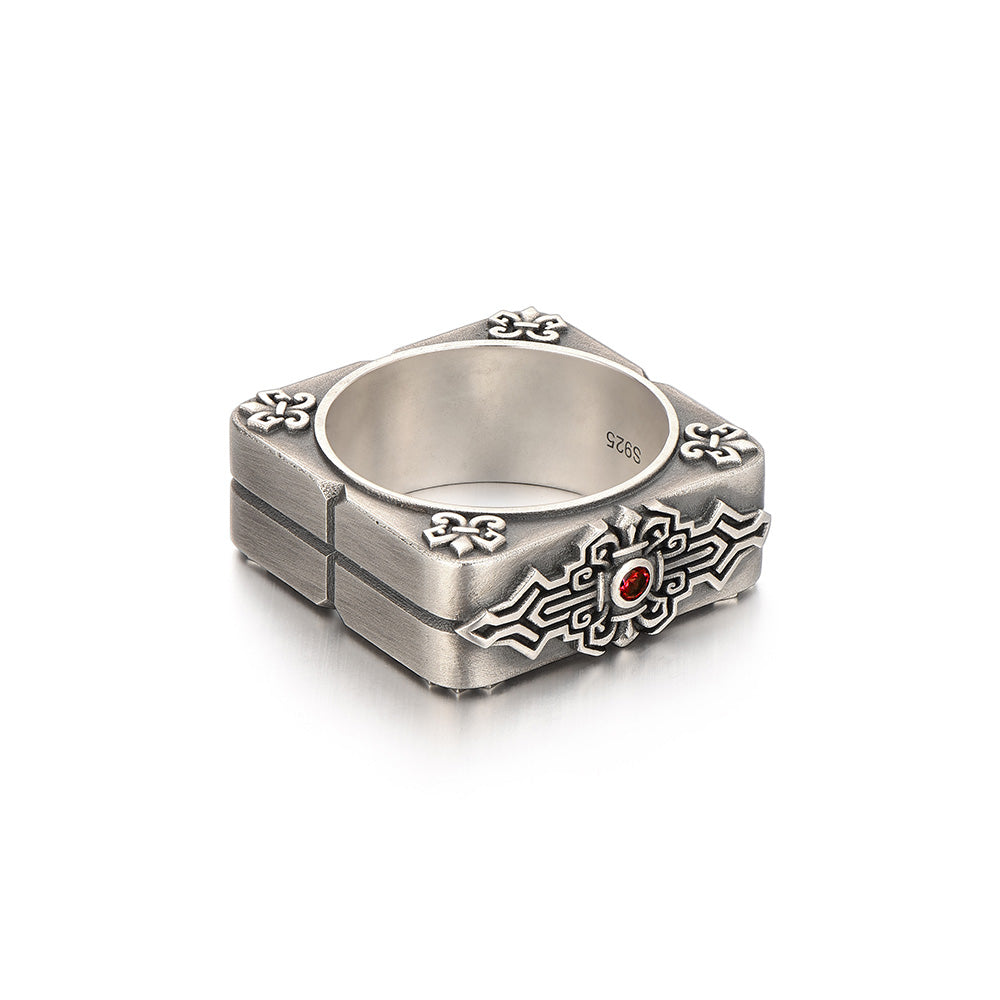 Square Emblem Silver Band | 925 Sterling, studded with Original Ruby