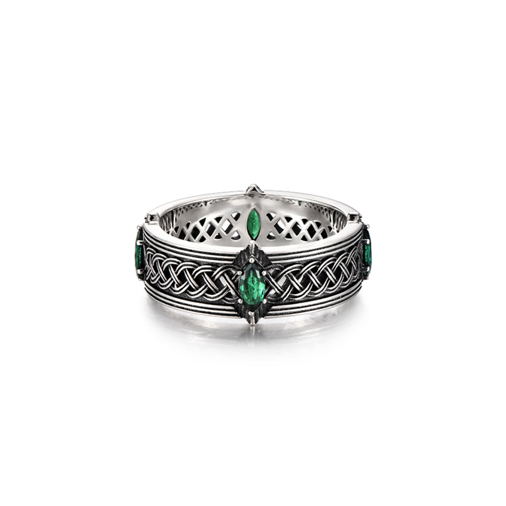 Vintage Celtic Knot Band studded with 4 Marquise Shaped Natural Emerald, Oxidized Sterling Silver 925 Ring