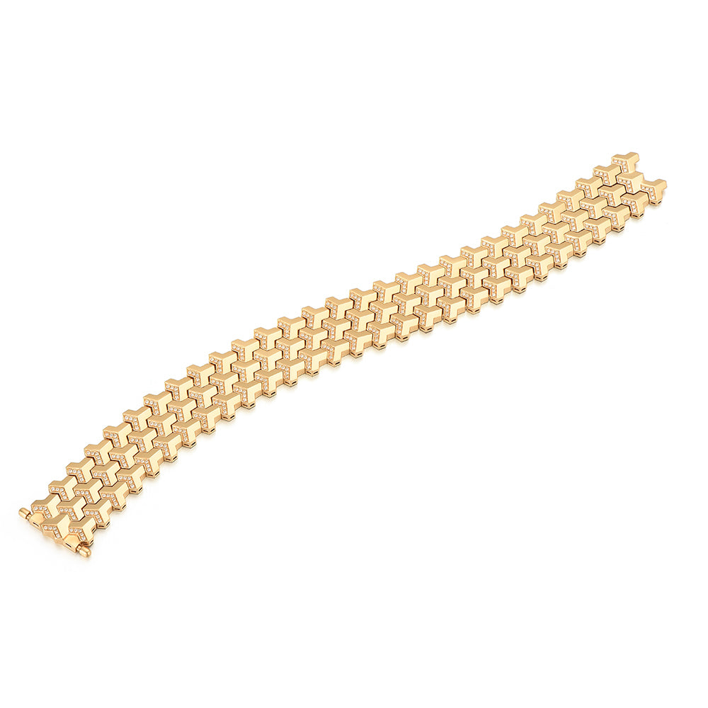 22k Gold Plated, 3 Row, 18mm Wide Solid Armor Bracelet Studded with/without Swarovski Diamond | 999 Sterling Silver