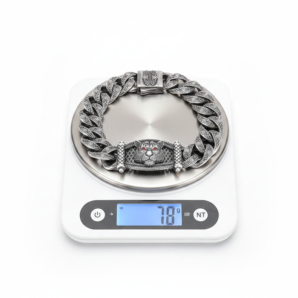 Vintage Beast Oxidized Tiger Face Cuban Link Bracelet | 925 Sterling Silver, Studded with Red Zircon Eyes