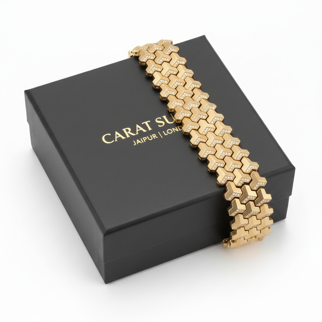 22k Gold Plated, 3 Row, 18mm Wide Solid Armor Bracelet Studded with/without Swarovski Diamond | 999 Sterling Silver