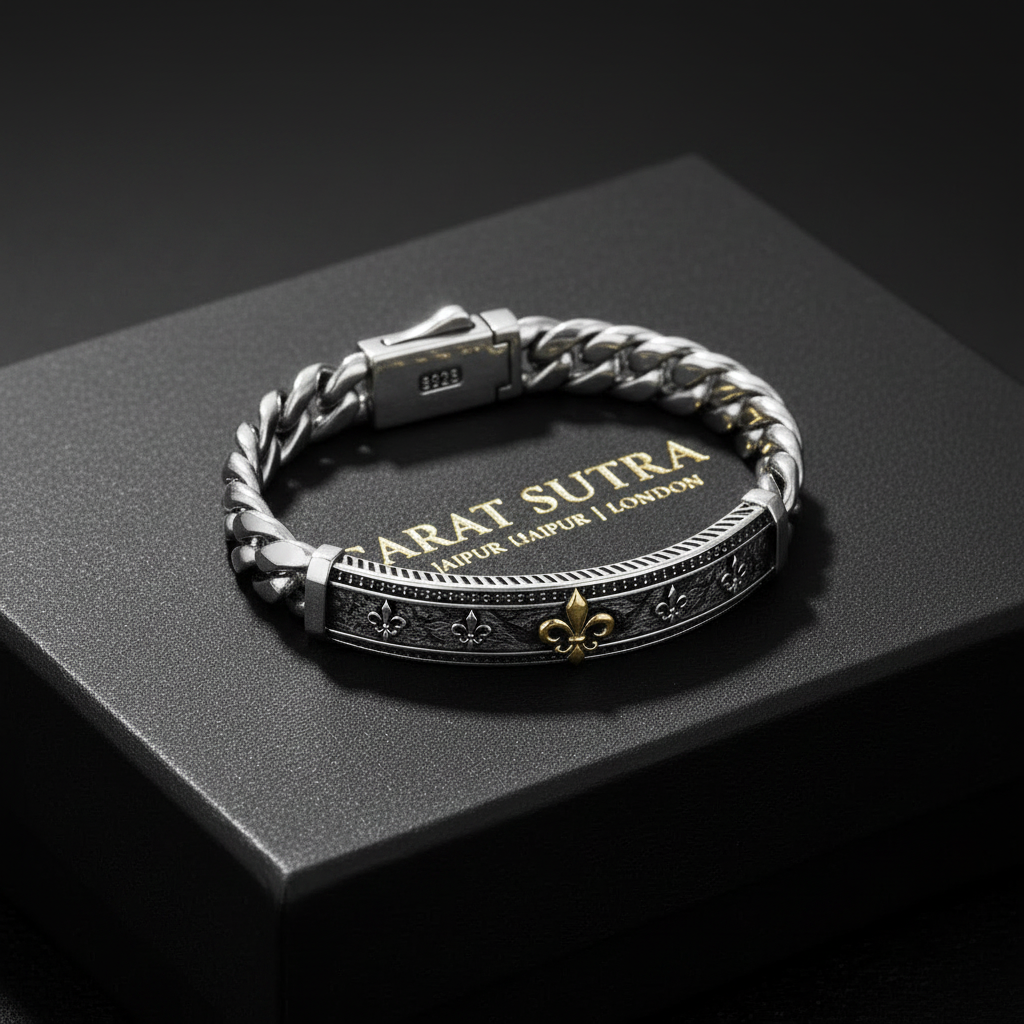 14mm wide, Unique Fleur-De-Lis Cuban Link Bracelet for Men | Oxidized 925 Silver Bracelet