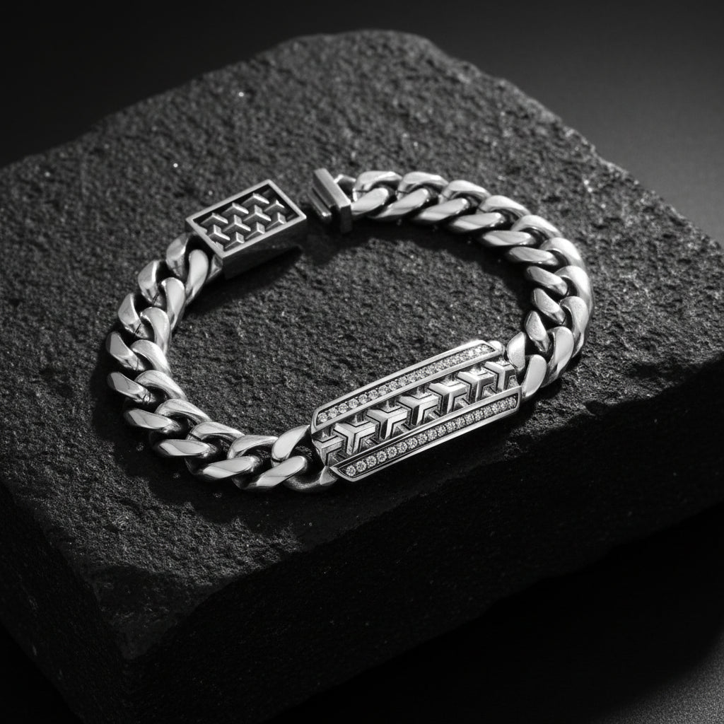 14mm Wide Solid Cuban - Armor Bracelet Studded with Swarovski Diamond | 925 Sterling Silver