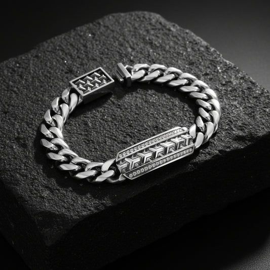 14mm Wide Solid Cuban - Armor Bracelet Studded with Swarovski Diamond | 925 Sterling Silver