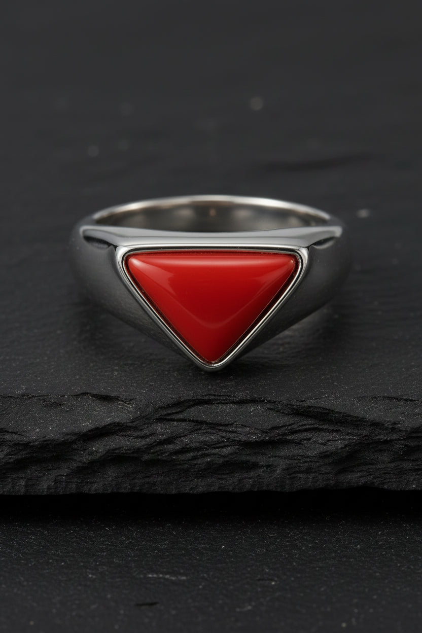 Triangular shaped 8ct Natural Red Coral (Moonga) | 925 Sterling Silver Oxidized Ring | With Certificate of Authenticity and 925 Hallmark