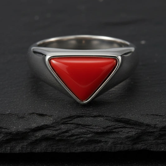 Triangular shaped 8ct Natural Red Coral (Moonga) | 925 Sterling Silver Oxidized Ring | With Certificate of Authenticity and 925 Hallmark - caratsutra