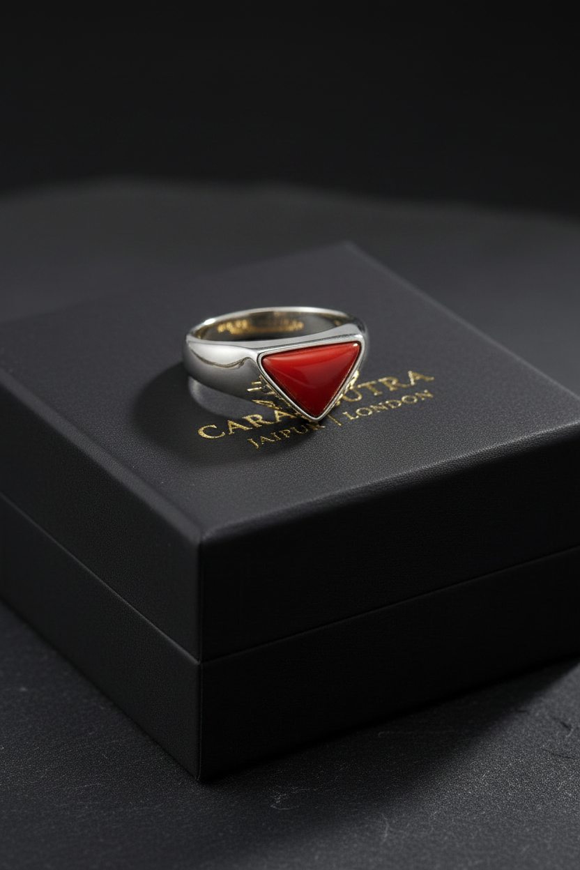 Triangular shaped 8ct Natural Red Coral (Moonga) | 925 Sterling Silver Oxidized Ring | With Certificate of Authenticity and 925 Hallmark