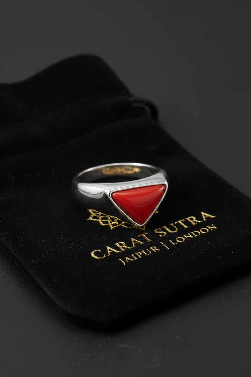Triangular shaped 8ct Natural Red Coral (Moonga) | 925 Sterling Silver Oxidized Ring | With Certificate of Authenticity and 925 Hallmark