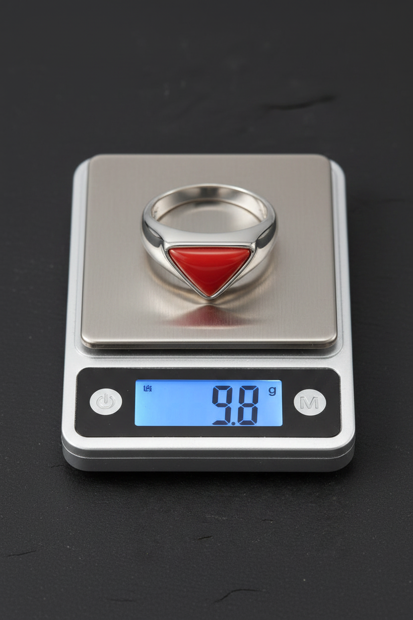 Triangular shaped 8ct Natural Red Coral (Moonga) | 925 Sterling Silver Oxidized Ring | With Certificate of Authenticity and 925 Hallmark