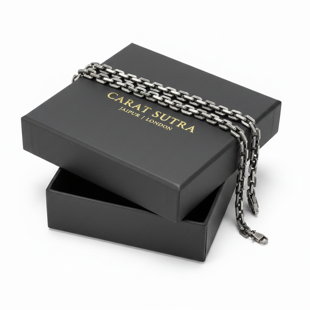 RARE PRINCE by CARAT SUTRA | Matt Finish, 6mm Wide Oxidised Elongated link Chain | 925 Sterling Silver Chain | With Certificate of Authenticity and 925 Hallmark