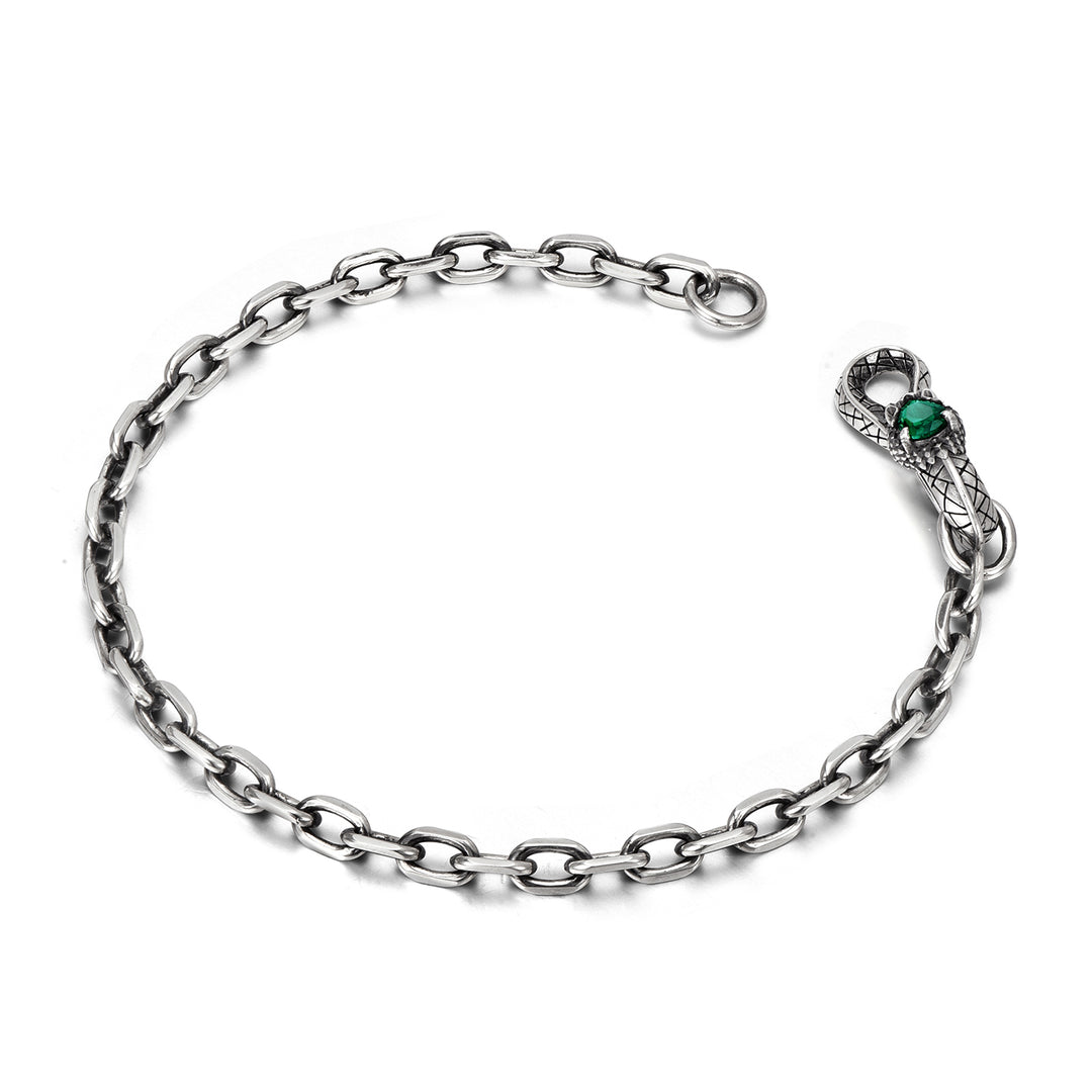 Adjustable 3D Snake Bangle Bracelet with Natural Emerald Stone Eyes | 925 Sterling Silver