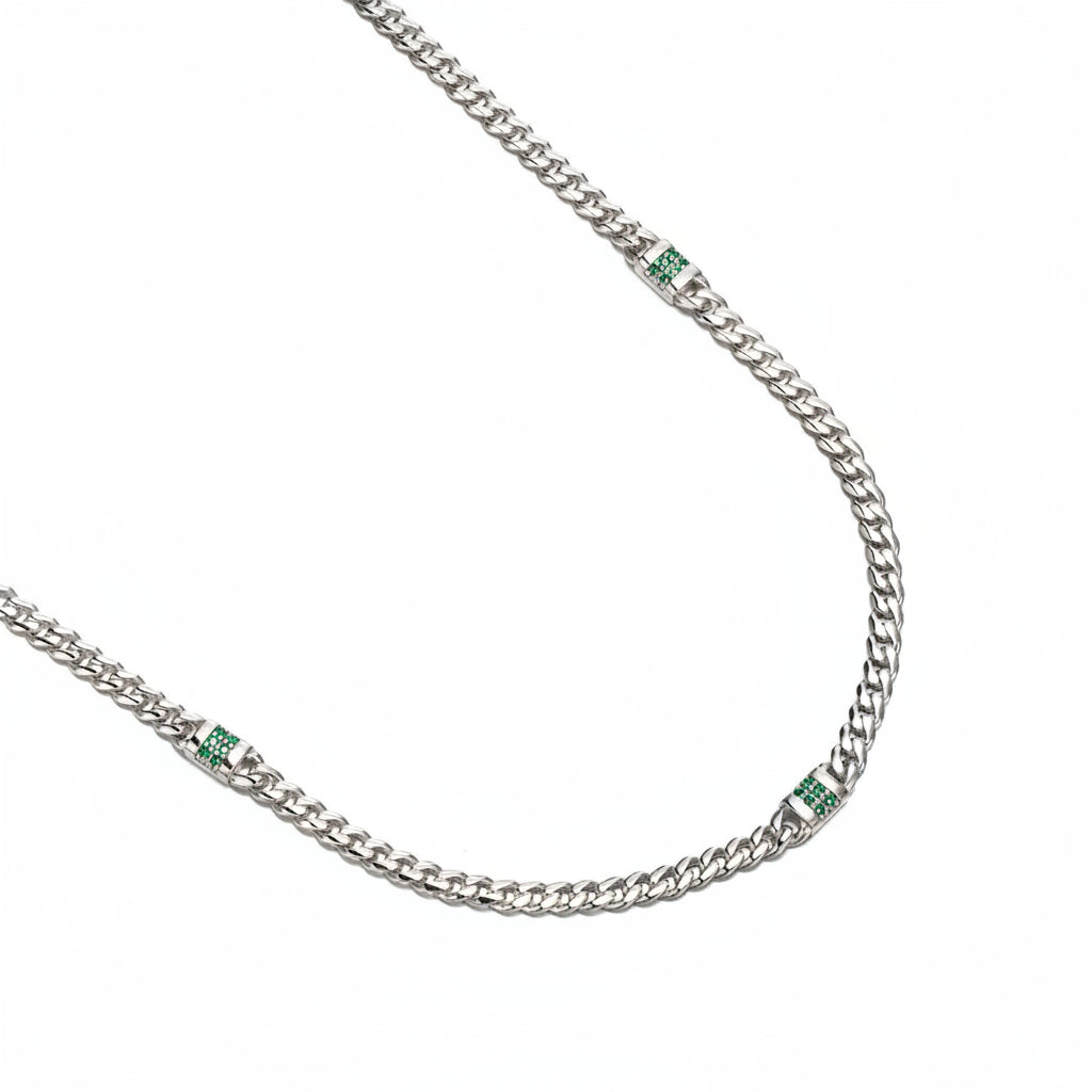 RARE PRINCE by CARAT SUTRA | Minimalist Solid 4mm Cuban Link Chain studded with Natural Emeralds | 925 Sterling Silver Chain | With Certificate of Authenticity and 925 Hallmark