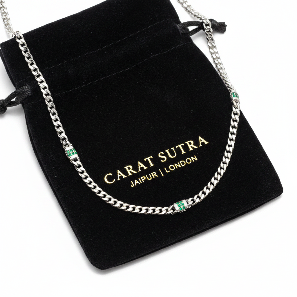 RARE PRINCE by CARAT SUTRA | Minimalist Solid 4mm Cuban Link Chain studded with Natural Emeralds | 925 Sterling Silver Chain | With Certificate of Authenticity and 925 Hallmark