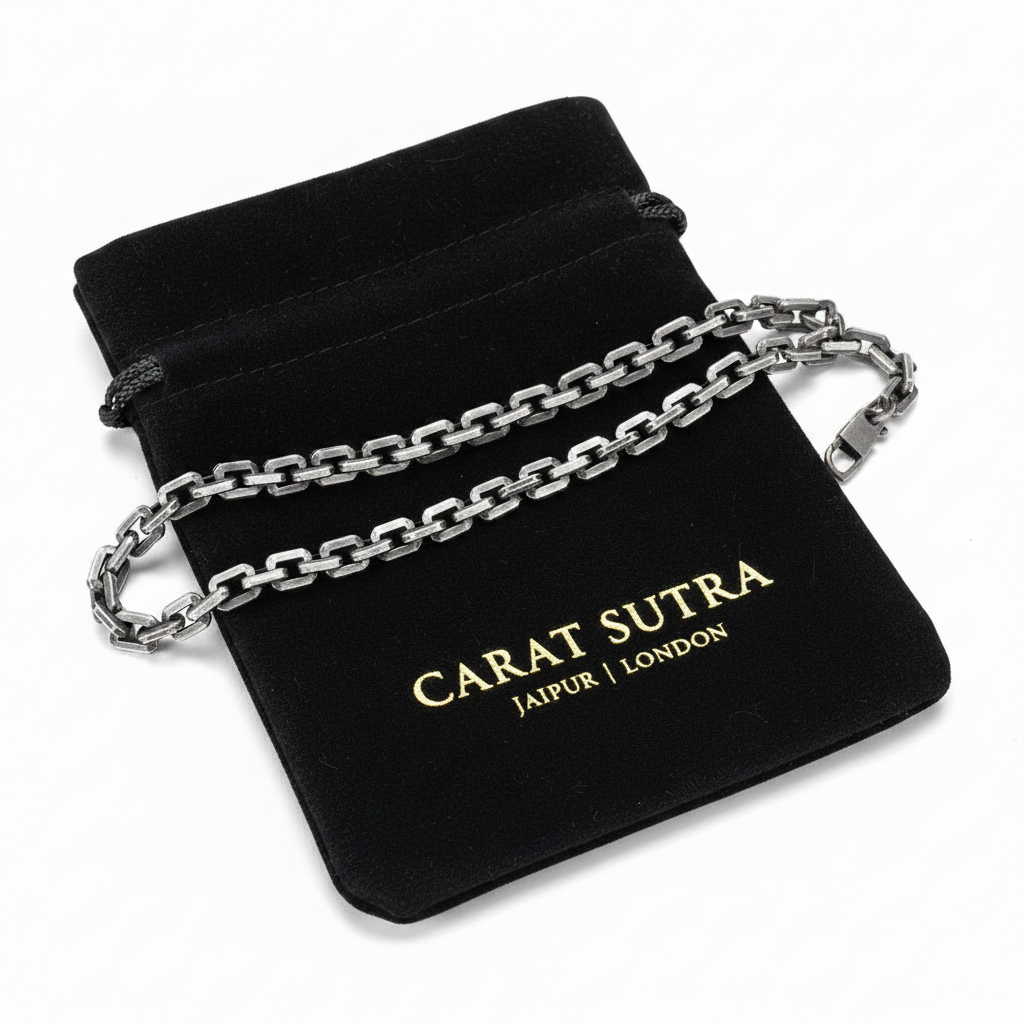 RARE PRINCE by CARAT SUTRA | Matt Finish, 6mm Wide Oxidised Elongated link Chain | 925 Sterling Silver Chain | With Certificate of Authenticity and 925 Hallmark