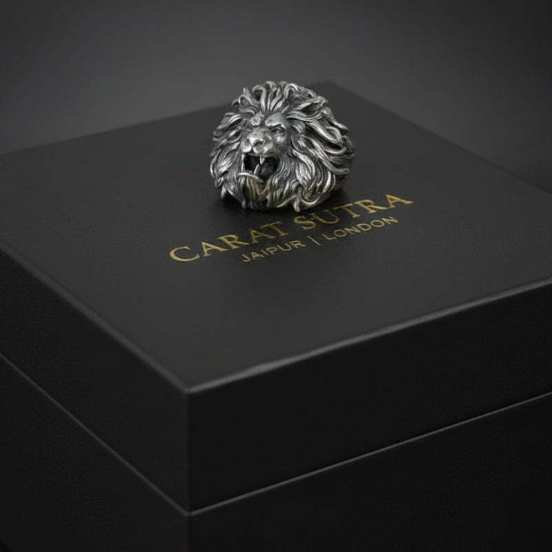 RARE PRINCE by CARAT SUTRA | Unique Designed Ferocious Lion Ring | 925 Sterling Silver Oxidized Ring | Men's Jewelry | With Certificate of Authenticity and 925 Hallmark - caratsutra