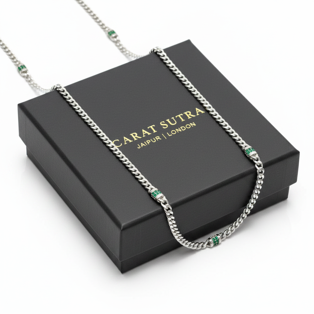 RARE PRINCE by CARAT SUTRA | Minimalist Solid 4mm Cuban Link Chain studded with Natural Emeralds | 925 Sterling Silver Chain | With Certificate of Authenticity and 925 Hallmark