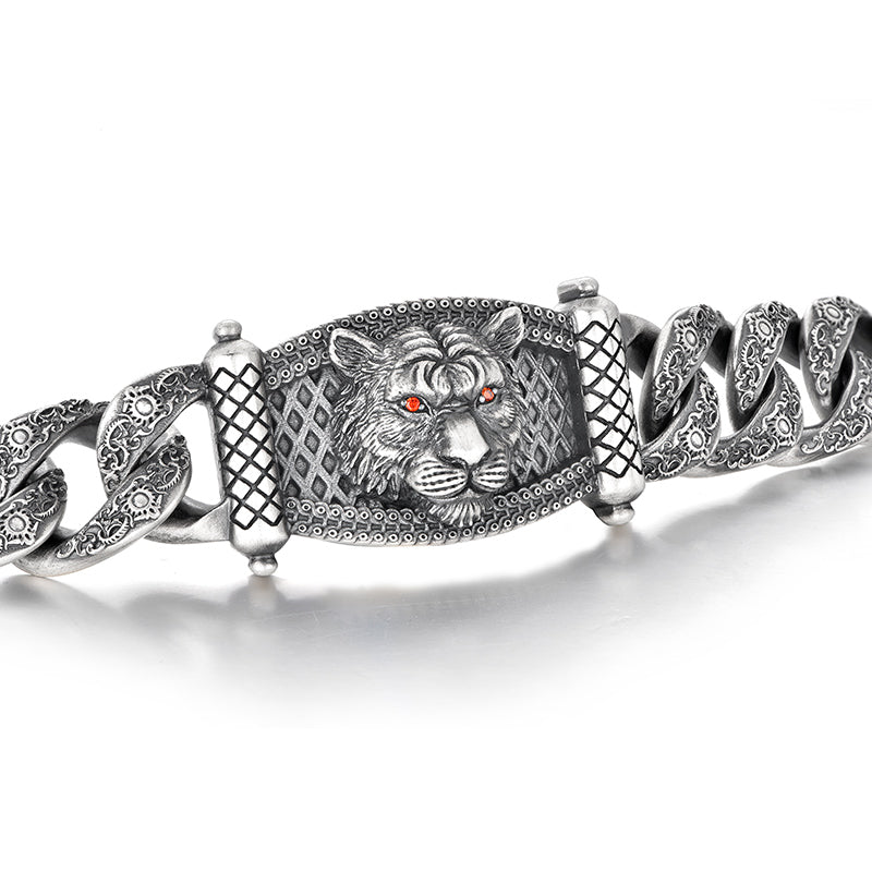 Vintage Beast Oxidized Tiger Face Cuban Link Bracelet | 925 Sterling Silver, Studded with Red Zircon Eyes