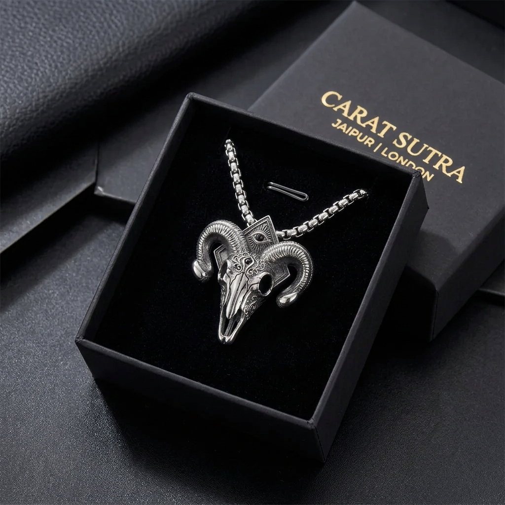 RARE PRINCE by CARAT SUTRA | Unique Designed Horned Ram Pendant for Aries Zodiac for Men | 925 Sterling Silver Oxidized Pendant with Hallmark - caratsutra
