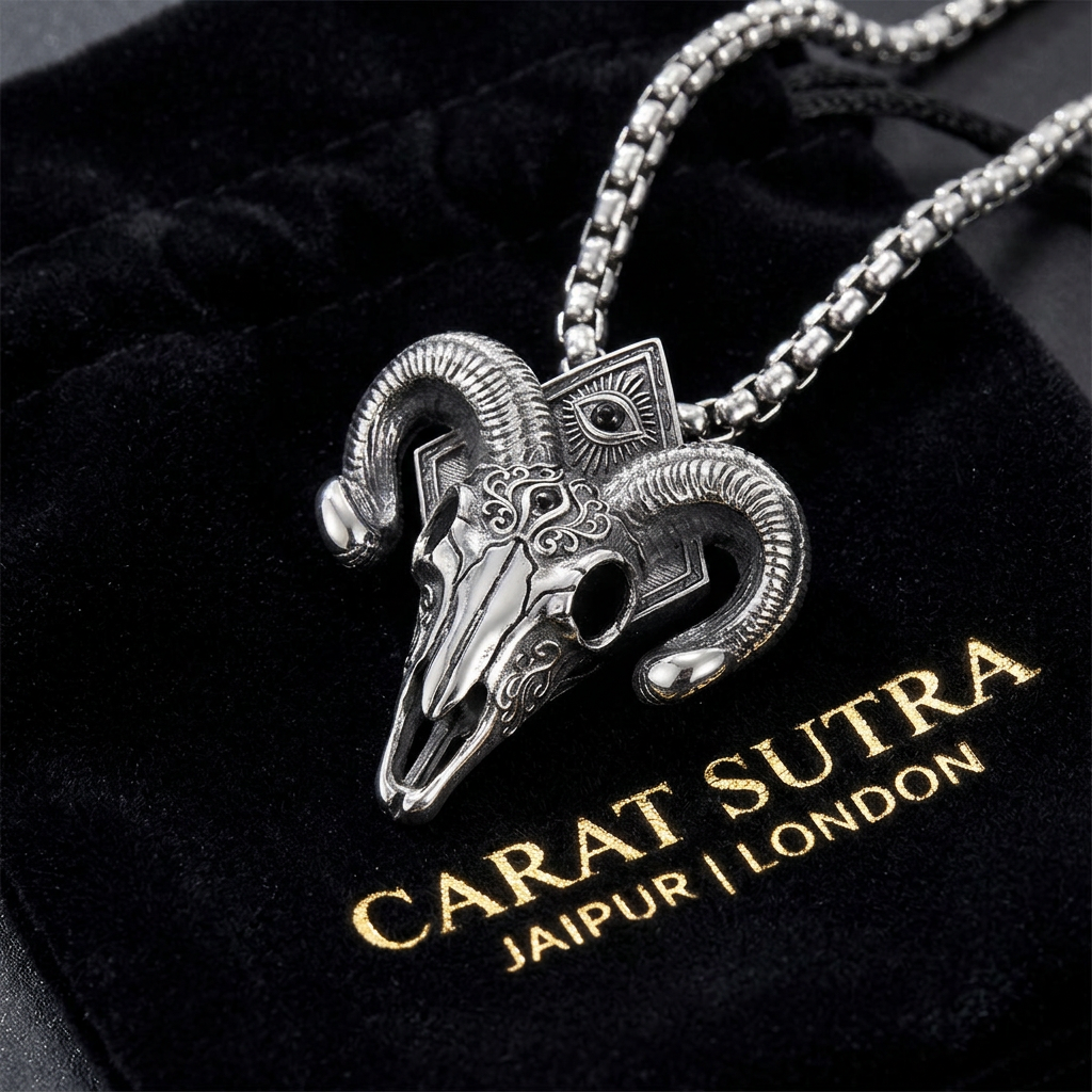 RARE PRINCE by CARAT SUTRA | Unique Designed Horned Ram Pendant for Aries Zodiac for Men | 925 Sterling Silver Oxidized Pendant with Hallmark - caratsutra