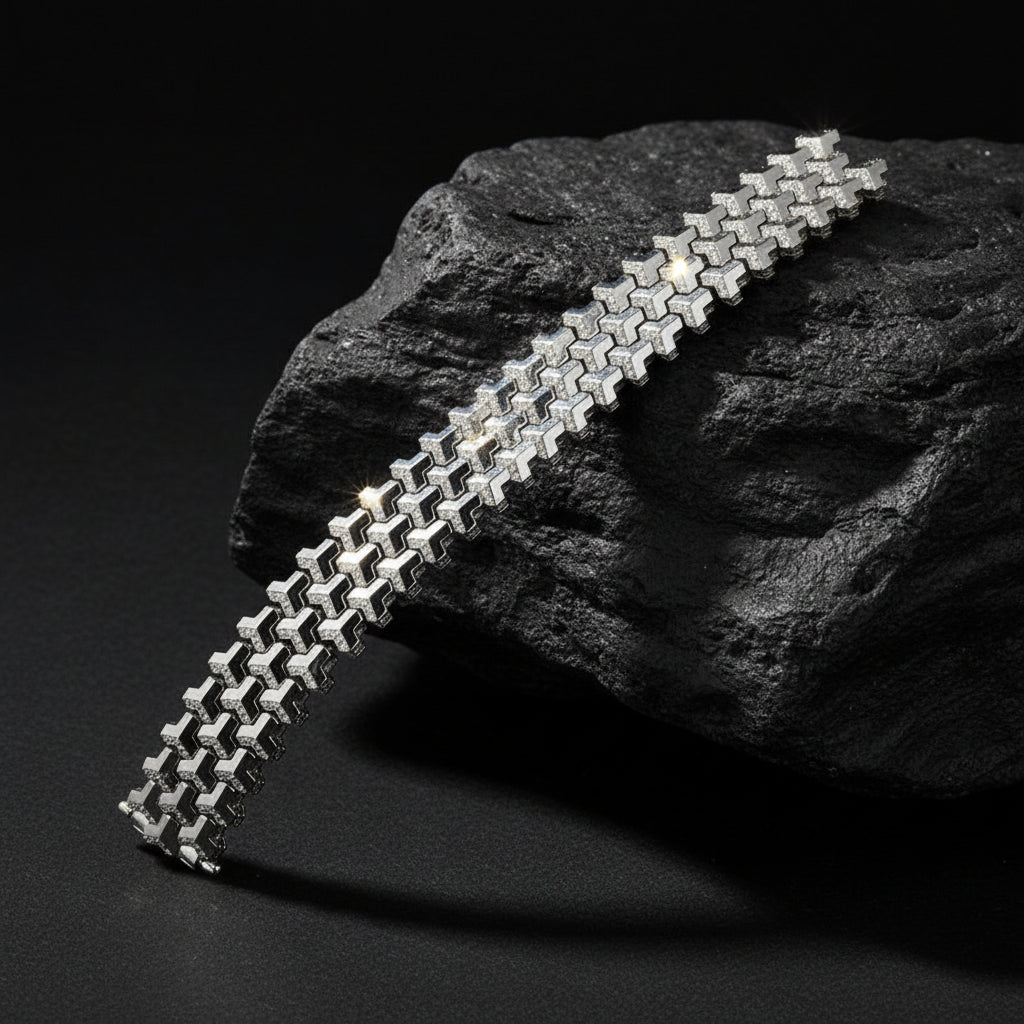 3 Row, 18mm Wide Solid Armor Bracelet Studded with/without Swarovski Diamond | 999 Sterling Silver | With Certificate of Authenticity and 925 Hallmark