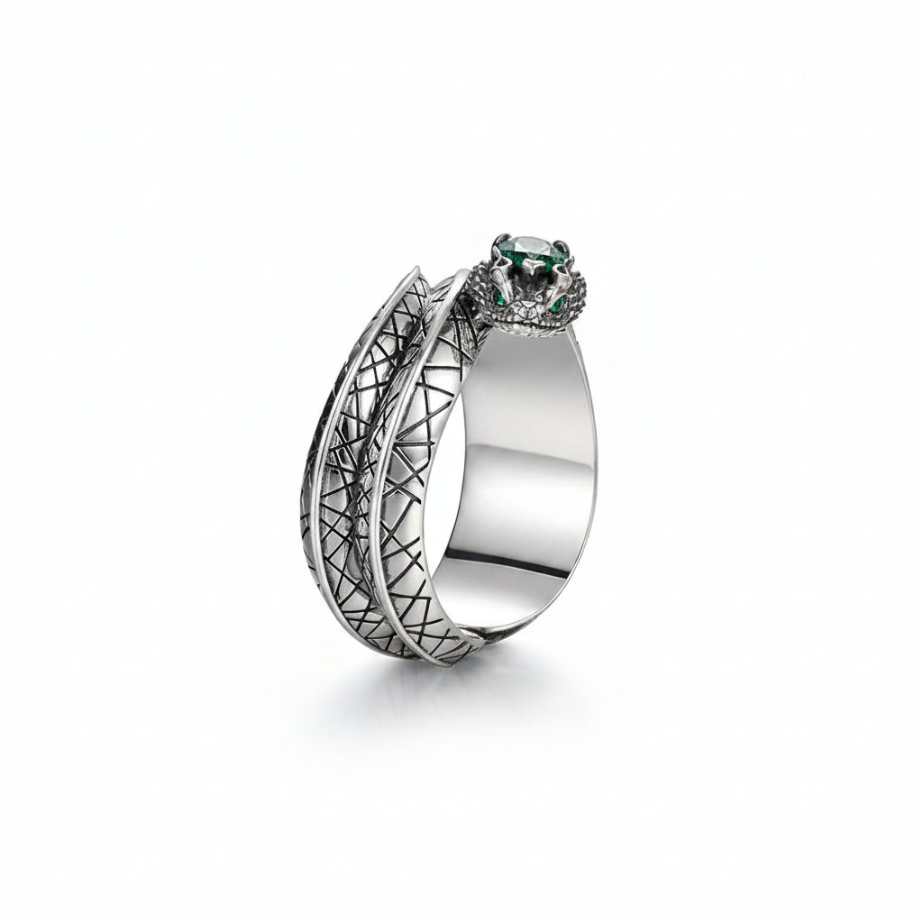 RARE PRINCE by CARAT SUTRA | Adjustable Unique Designed Snake Ring with Natural Emerald | 925 Sterling Silver Oxidized Ring | With Certificate of Authenticity and 925 Hallmark