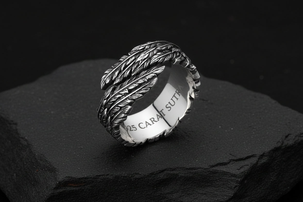 Minimalist Feather Style Band Ring | Oxidized Sterling Silver 925 Ring